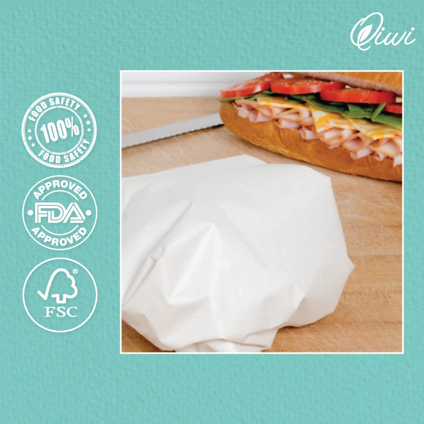 Qiwi Food Wrapping Paper - 100 Sheets | White, 10" x 11" | Microwave Safe | Multipurpose Food Wrapping Paper for Lunch Box, Tiffin Box, Food Storage | FDA Approved | Certified Food Grade Paper